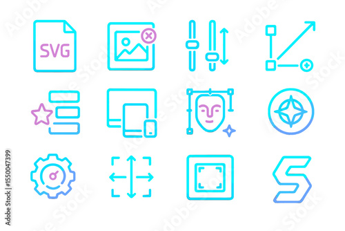 Neon icons representing graphic design and editing tools in glowing blue and pink