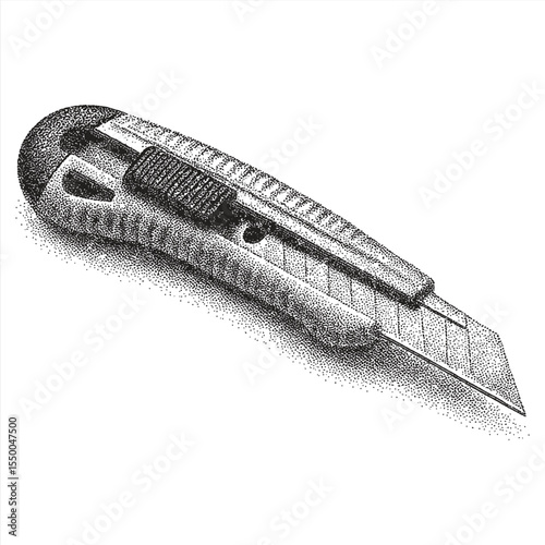 Utility Knife Illustration: A detailed monochrome illustration of a utility knife, showcasing its sharp blade and ergonomic design for precision cutting.