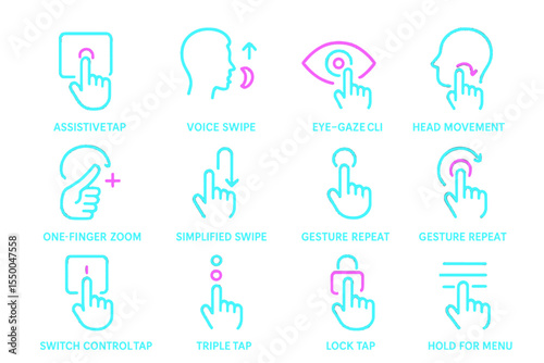 Neon gesture control symbols: assistive tap and voice swipe icons