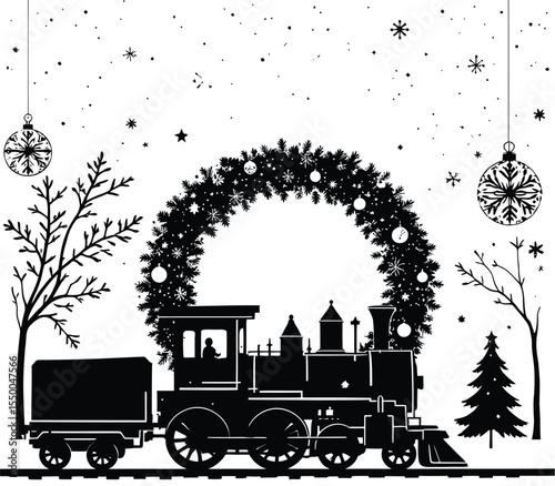 Black and white vector illustration of a steam train adorned with a holiday wreath, passing between decorated trees and framed by hanging ornaments, stars, and snowflakes,