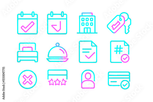 Neon hotel icons: booking, keys, bed, room service, check-in symbols
