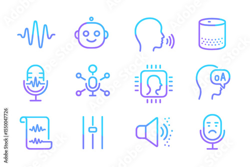 Neon ai icons featuring microphone, robot, sound waves, and voice recognition