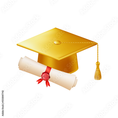 3d diploma scroll with graduate hat. Vintage roll paper