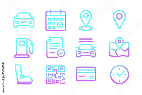 Neon icons: car, calendar, location, fuel, document, map, qr code, credit card, clock