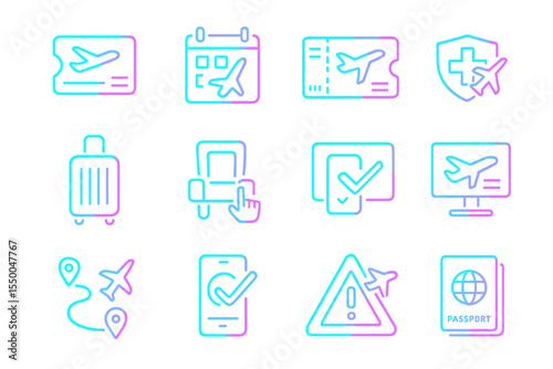 Neon travel icons: tickets, luggage, passport, airplane, calendar, location