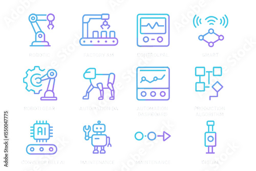 Neon outline icons of automation and robotics technology on grid background