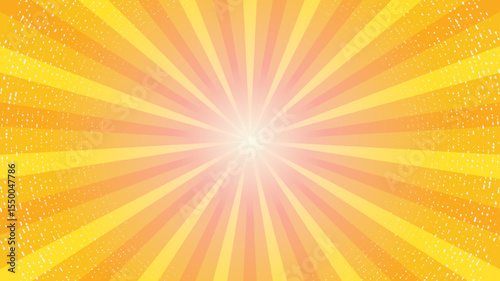 Retro orange sun rays on yellow halftone bg