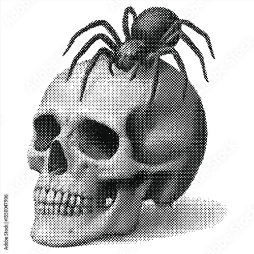 Spider on Skull: A haunting monochrome illustration of a detailed human skull, crowned by a large, menacing spider. This image evokes themes of mortality, fear, and the darker aspects of life.