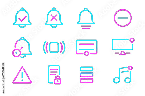 Neon glowing notification and media icons on dark background