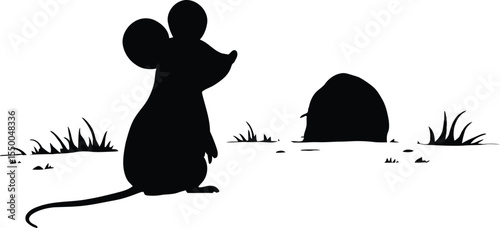 Black and white vector illustration of a curious mouse standing on its hind legs in front of a burrow entrance, surrounded by grass tufts,