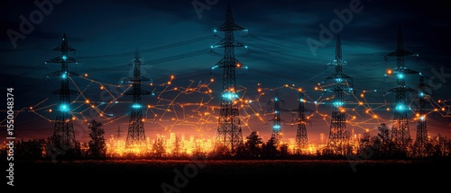 Illuminated power lines at night, network graphic