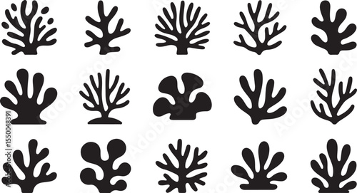 This image features fifteen distinct coral and sea plant formations in silhouette, showcasing a wide variety of branching and organic shapes.