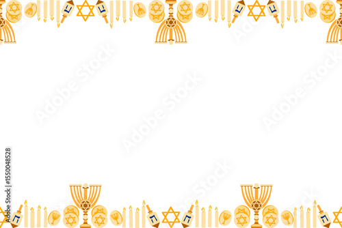 Hanukkah holiday border with menorahs, dreidels, candles, Stars of David and traditional Jewish symbols. Perfect for greeting cards and festive invitations.