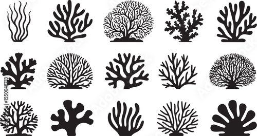 This image features fifteen distinct coral and sea plant formations in silhouette, showcasing a wide variety of branching and organic shapes.