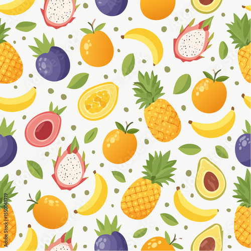 Vetor estilizado com frutas tropicais (abacaxi, banana, maracujá, manga) em estilo flat, colorido, com fundo branco. Ideal para estampas, papelaria e design editorial moderno.