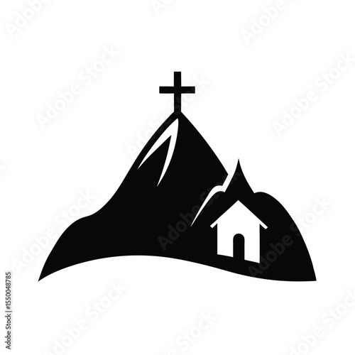 silhouette mountain church with cross and cloud 