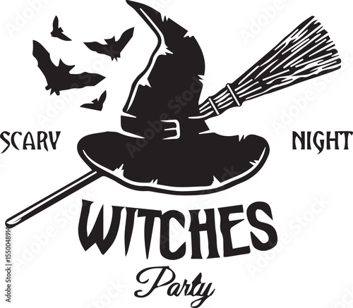 A striking silhouette illustration of a Halloween witch flying on a broom, a perfect vector art design symbol for the season