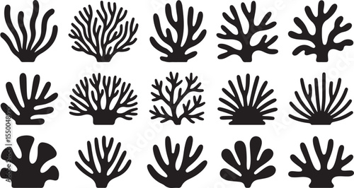 This image features six distinct types of coral and sea plants, rendered with detailed linework and shading, suitable for scientific or decorative ocean-themed designs.