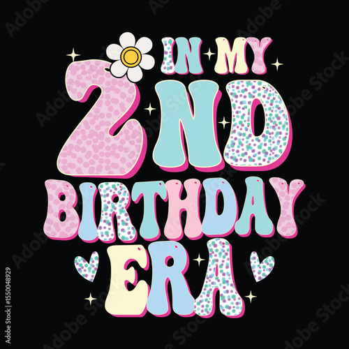 Celebrate a childs second birthday with this adorable retro-styled design featuring pastel colors and a cute daisy. Perfect for cards or apparel.