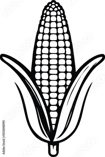 Black and white vector illustration of an ear of corn with exposed kernels and leafy husk, designed in a minimalistic silhouette style to represent agriculture, organic food, and seasonal harvest them