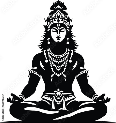 Black and white vector illustration of a spiritual figure seated in a meditative pose with ornate jewelry, headgear, and traditional attire, hands resting on knees in a calm posture, designed in a min