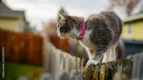 Curious cat balancing gracefully on weathered fence in tranquil backyard setting