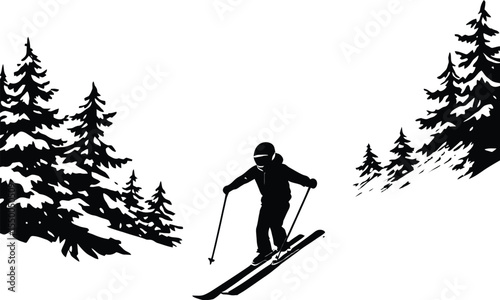 Black and white vector illustration of a skier racing downhill between snow-covered pine trees, wearing a helmet and using ski poles, designed in a minimalistic silhouette style to represent winter