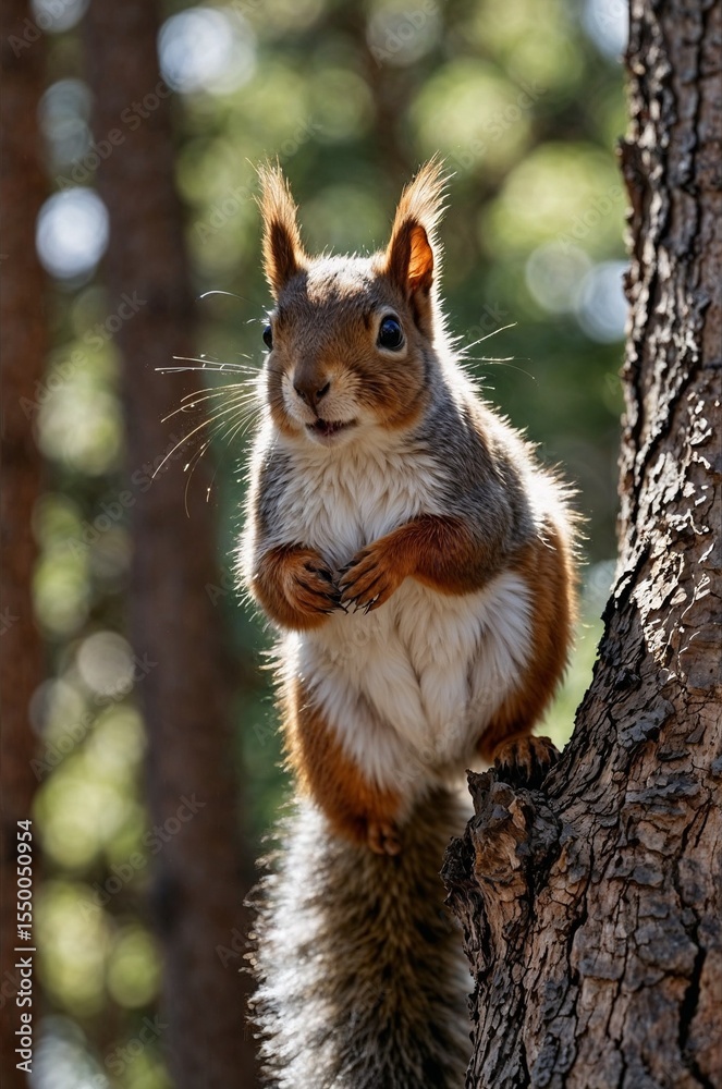 Fototapeta premium Curious red squirrel perched on a tree trunk against a blurred woodland background, cute and playful, copy space