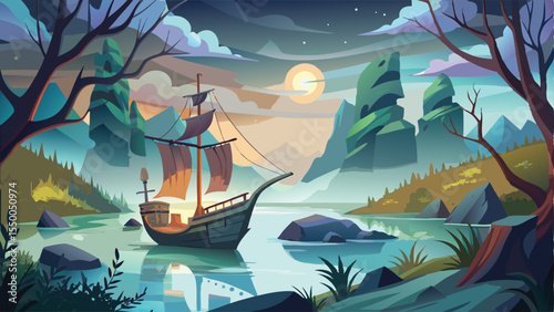 A mysterious pirate ship sails through the tropical night, its silhouette casting a striking illustration against the moonlit ocean and sky, evoking a sense of adventure and summer vacation
