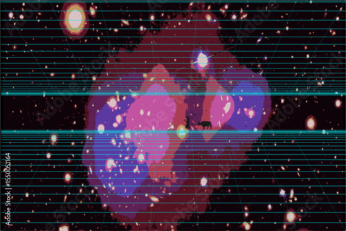 A surreal illustration of a man pulling a buffalo from a distance, set against a mesmerizing galaxy-lit background. 
