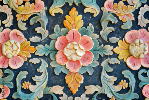 Close-up of ornate, colorful floral carvings on a wooden panel