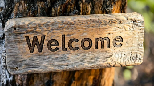 Rustic welcome sign on weathered wood amidst lush outdoor setting transitioning from morning to evening