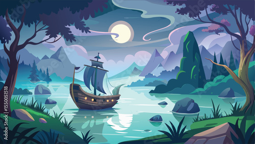 Night voyage of a tropical sailboat on the ocean waves under the summer sky