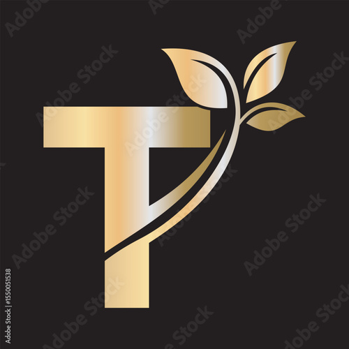 Initial Green Leaf Logo combine with letter T vector template	