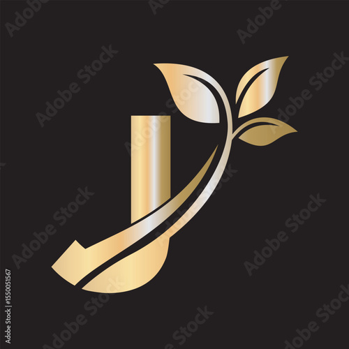 Initial Green Leaf Logo combine with letter J vector template	