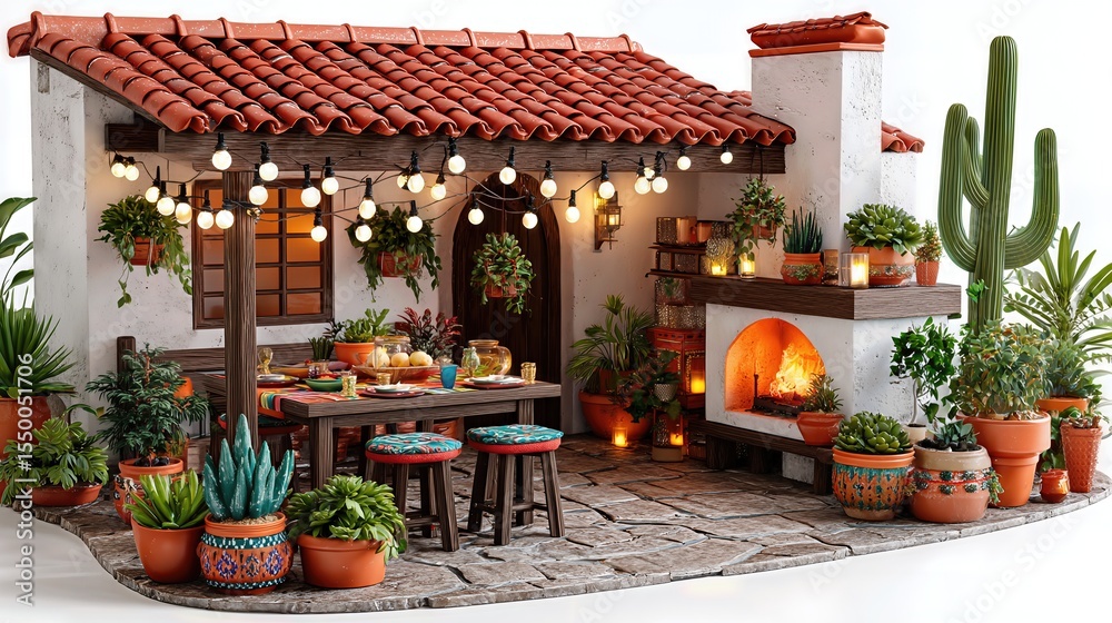 Obraz premium Cozy Mediterranean patio with warm fireplace and abundant greenery, realistic miniature 3D isometric model