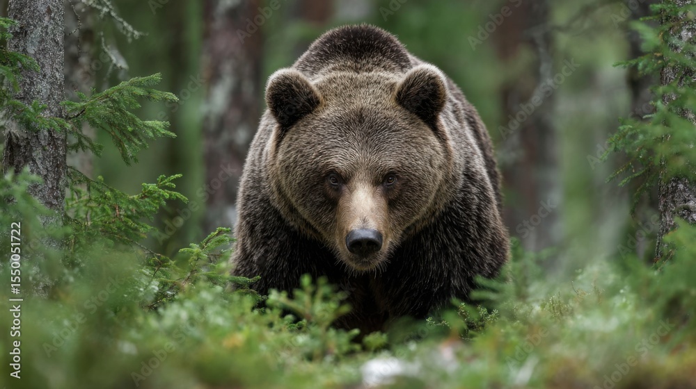 Fototapeta premium A grizzly bear moves confidently through a lush forest, surrounded by green foliage and tall trees. This moment captures the bear's powerful presence and natural behavior in its habitat.