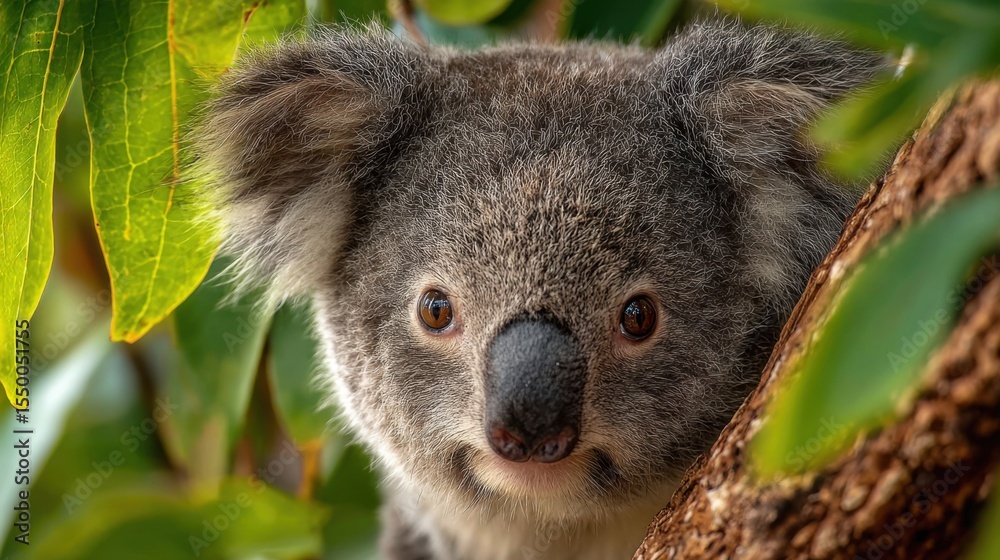 Obraz premium A koala is perched on a sturdy tree branch, partially hidden by lush green leaves. The sun shines brightly, highlighting its soft fur and curious expression, typical of Australian wildlife.