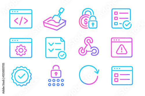 Neon icons for web development and cybersecurity on dark background
