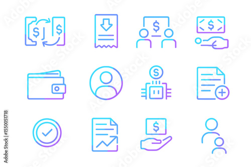 Neon glowing financial and business icons on gradient background