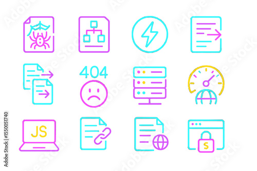 Neon icons highlight web development and coding themes
