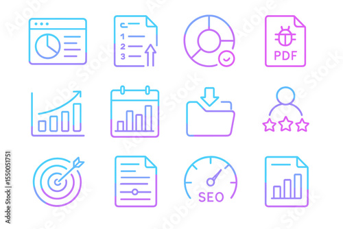 Colorful neon icons for business and seo in glowing purple and blue