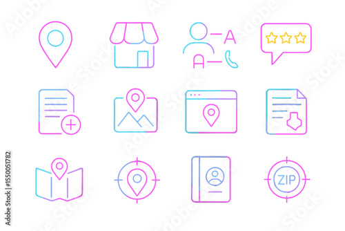 Neon icons set featuring location, contact, star ratings, and file symbols