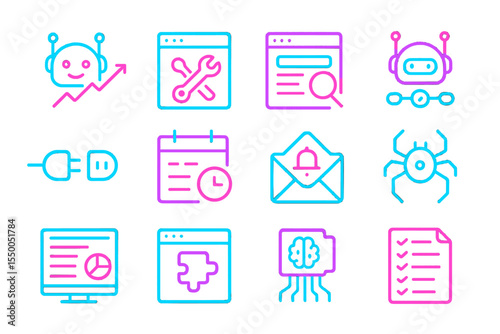Neon icon set featuring robots, tools, and tech symbols on dark background