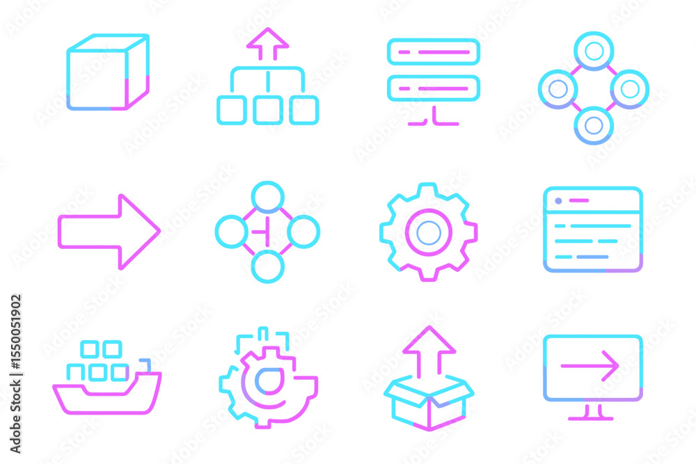 Neon-themed technology icons with futuristic glow in blue and pink Neon-themed technology icons with futuristic glow in blue and pink