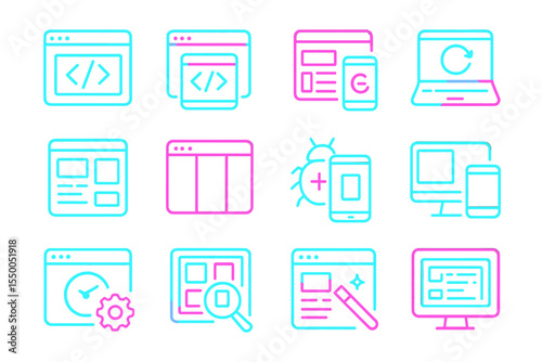 Neon icons for web development and programming in pink and blue