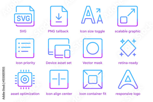 Neon glowing icon set for digital graphic design and asset optimization