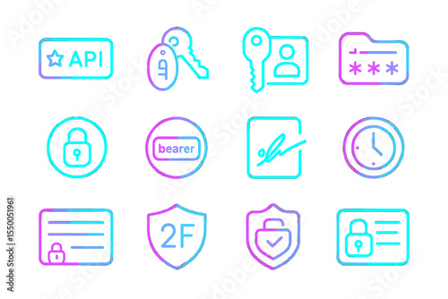 Neon icons for cybersecurity: api, encryption, authentication, privacy, access