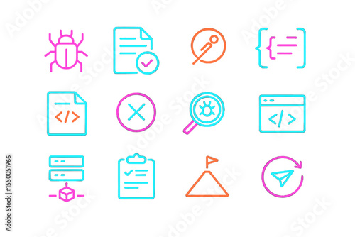 Neon icons of software development and programming tools in glowing colors