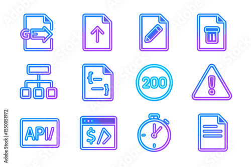 Neon icons of documents, code, and alerts on gradient background